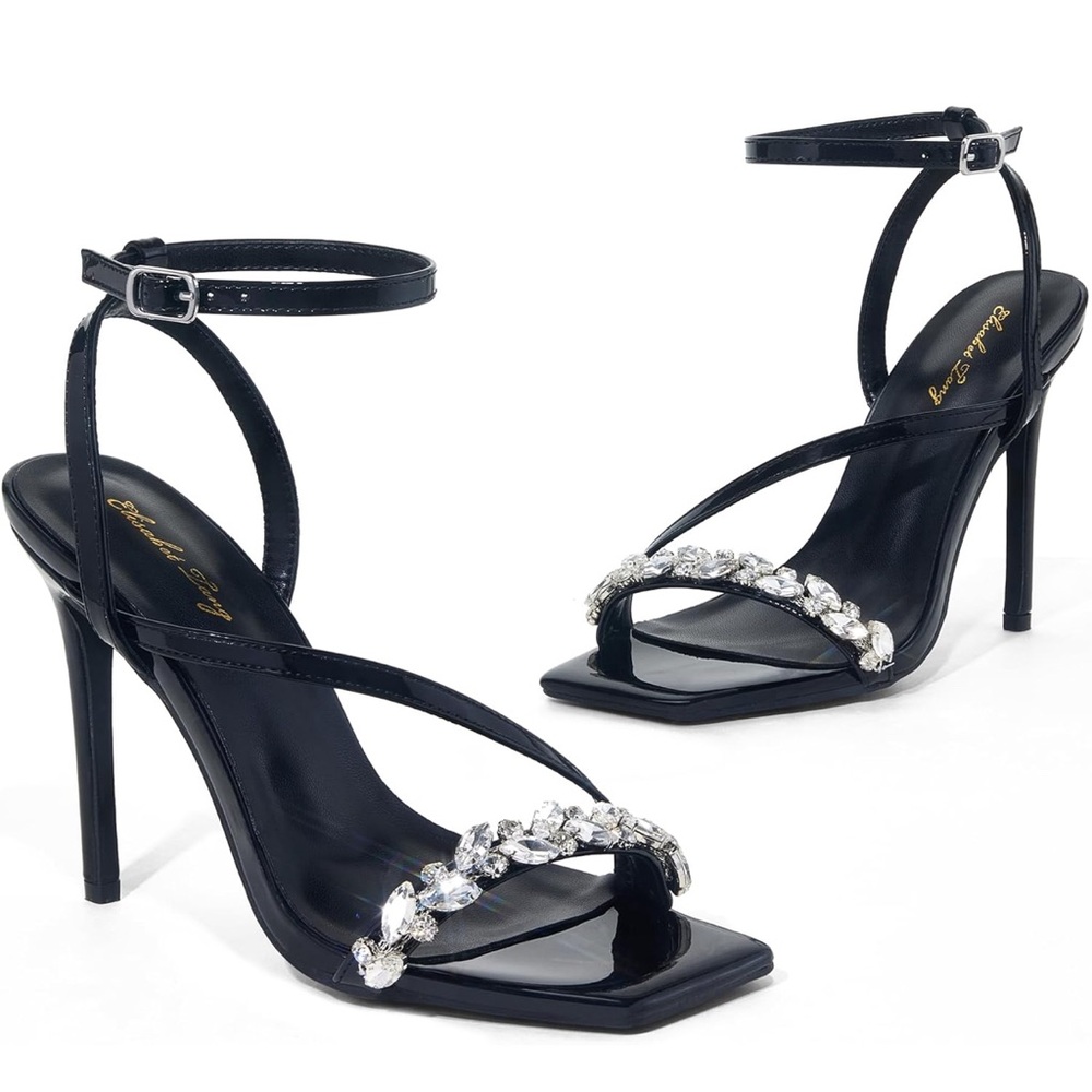 Elegant Black Strappy Heels with Crystal Embellishments